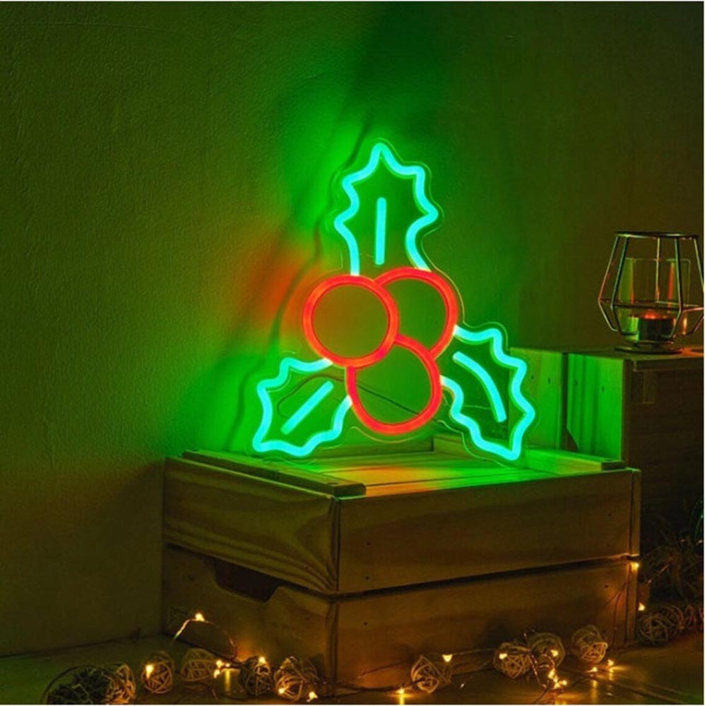 Merry Christmas Holly Leaf and Berries - LED Neon Sign