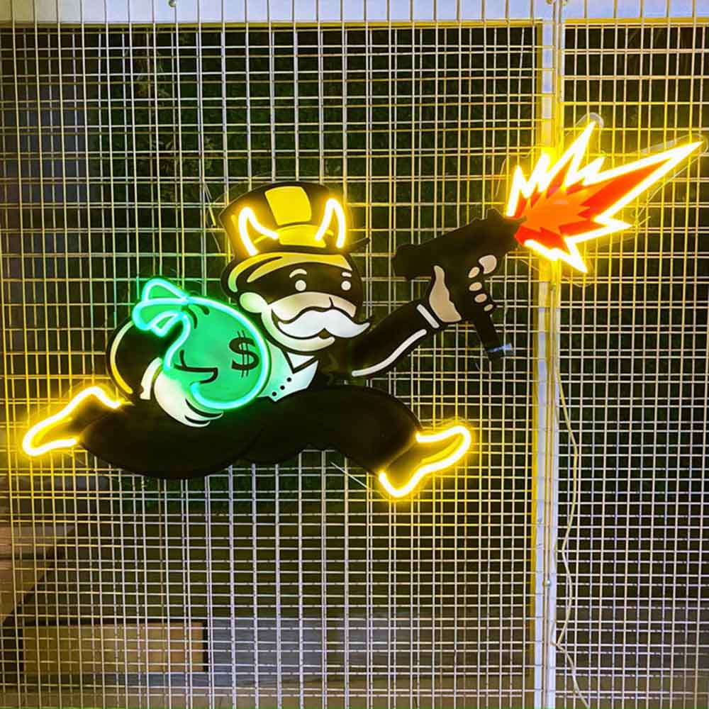 UV Printed Mr Monopoly With Uzi - LED Neon Sign