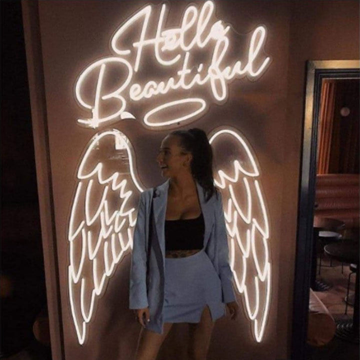 Hello Beautiful Angel Wings Beauty - Letrero de neón LED